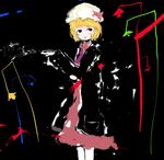  abstract_background ascot black_background black_coat blending blonde_hair bow child_drawing dress hand_up hat highres horror_(theme) interrupted lamppost looking_back maribel_hearn mob_cap open_mouth outstretched_hand pink_bow pink_dress short_hair solo timesoe touhou 