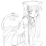  animal_ears bangs blunt_bangs cat_ears cat_tail greyscale koi_neko leaning_forward long_hair monochrome pleated_skirt ribbon sakurazaki_nao school_uniform serafuku sige sketch skirt solo tail tail_ribbon 