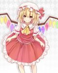  ascot bad_id bad_pixiv_id bow flandre_scarlet hat hat_ribbon looking_at_viewer minazuki_(0038) mob_cap patterned_background ribbon smile solo touhou wings 