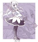  blush butterfly_hair_ornament chaika_trabant dress frills gun hair_ornament hair_ribbon hairband hitsugi_no_chaika lolita_hairband long_hair monochrome platform_footwear puffy_sleeves ribbon rifle seidou_(tukinomiyako) sniper_rifle solo weapon zoom_layer 