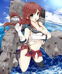  black_legwear braid breasts brown_hair cloud damaged day gloves green_eyes highres kantai_collection large_breasts long_hair machinery mecha_musume midriff navel noshiro_(kantai_collection) ocean open_mouth plan_(planhaplalan) radar school_uniform serafuku single_thighhigh skirt sky solo thighhighs torn_clothes twin_braids water white_gloves 