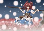  belt blue_background breasts carrying carrying_over_shoulder cleavage coin dress fireflies flower hair_bobbles hair_ornament layered_dress looking_at_viewer matsuoka_michihiro medium_breasts onozuka_komachi puffy_short_sleeves puffy_sleeves red_eyes red_hair scythe short_hair short_sleeves smile solo spider_lily standing touhou two_side_up 