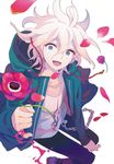  bad_id bad_pixiv_id chain collarbone danganronpa flower hood hoodie jacket komaeda_nagito looking_at_viewer male_focus open_clothes open_jacket open_mouth solo super_danganronpa_2 white_background white_hair yokariko 