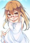  bare_shoulders brown_eyes brown_hair dress dress_lift fang glasses hair_between_eyes haruyuki_(yukichasoba) kantai_collection leaning_forward long_hair mochizuki_(kantai_collection) open_mouth red-framed_eyewear solo sundress sweatdrop tears white_dress 