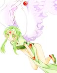  angel angel_wings bare_legs finn_fish flying green_eyes green_hair kamikaze_kaitou_jeanne long_hair pointy_ears puffy_short_sleeves puffy_sleeves short_sleeves solo v_arms white_background wings yoshika_(draw-happy-picture) 