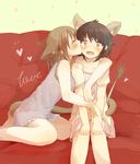  2girls animal_ears blush cat_ears cat_tail cheek_kiss couch foomi kiss multiple_girls tail yuri 