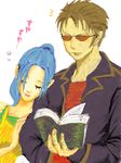  1boy 1girl alabasta alternate_costume blue_hair book jacket kohza nefertari_vivi one_piece ponytail princess reading sleeping sunglasses tegaki 