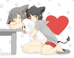  :3 animal_ears black_hair cat_ears cat_tail eyes_closed foomi gray_hair grey_hair heart hug hug_from_behind lion_ears lion_tail red_eyes sleeping tail yuri 