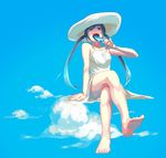  bad_id bad_pixiv_id barefoot blue_eyes blue_hair cloud crossed_legs dress feet food hat hatsune_miku highres kyo_8sun long_hair popsicle solo summer twintails vocaloid white_dress 