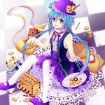  :d aoki_lapis blue_eyes blue_hair cookie food from_above gyaza hat long_hair looking_at_viewer open_mouth pantyhose shoes sitting smile solo twintails vocaloid white_legwear 