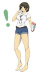  1girl ayase_fuuka barefoot black_eyes brown_hair denim eyebrows full_body glass highres legs milk niku_(pin_rk) shirt short_hair shorts solo standing t-shirt thick_eyebrows white_background yotsubato! 