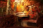  autumn_leaves banner bridge fence flag forest nature no_humans real_world_location river sashimono scenery sign tokoroten_(hmmuk) torii 