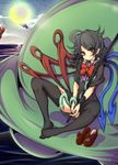  absurdres asymmetrical_wings baba_(baba_seimaijo) black_hair black_legwear bow dress highres houjuu_nue looking_at_viewer red_eyes shoes_removed short_dress short_hair snake solo thighhighs touhou ufo wings 