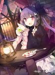  ange_vierge benio_(dontsugel) cup demon_horns dress frills hair_ornament horns lantern long_hair long_sleeves looking_at_viewer open_mouth original pink_eyes purple_hair saucer sitting smile solo spoon table teacup twintails 