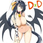  animal_ears animal_print bell bell_collar bikini black_hair blush breasts cleavage collar cow_bell cow_ears cow_horns cow_print cow_tail demon_wings hair_ribbon high_school_dxd himejima_akeno horns large_breasts long_hair one_eye_closed ponytail purple_eyes q_(a72pgc) ribbon simple_background smile solo swimsuit tail white_background wings 