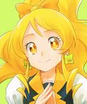  blonde_hair cure_honey earrings eyelashes green_background hair_ornament hair_ribbon happinesscharge_precure! happy jewelry kurochiroko long_hair looking_at_viewer magical_girl oomori_yuuko ponytail precure ribbon shirt simple_background smile solo vest wide_ponytail yellow_eyes 