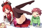  1girl :d bare_shoulders black_legwear blush_stickers bow brown_eyes brown_hair chips detached_sleeves fang food hair_bow kaname_tatsuya legs_up long_hair magical_girl mahou_shoujo_madoka_magica ogadenmon one_eye_closed open_mouth panties ponytail potato_chips red_eyes red_hair sakura_kyouko smile thighhighs toy toy_train underwear white_panties wince 