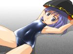 :o armpits arms_up bowl bowl_hat covered_navel flat_chest hat looking_at_viewer minigirl one-piece_swimsuit purple_eyes purple_hair school_swimsuit shiny shiny_clothes solo sukuna_shinmyoumaru swimsuit touhou winn 