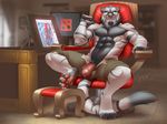  abs anthro ares_ahiro chair clothing dota feline looking_at_viewer male mammal miles_df muscles pants pecs pen penis precum solo tablet tiger topless 
