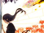  against_wall akemi_homura black_hair blanket crack crying dress flower funeral_dress hairband hand_on_wall long_hair mahou_shoujo_madoka_magica mahou_shoujo_madoka_magica_movie purple_eyes reflection saika1021 solo spider_lily spoilers 