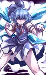  aura blue_dress blue_eyes blue_hair bow cirno dress fighting_stance hair_bow highres ice ice_wings puffy_short_sleeves puffy_sleeves short_hair short_sleeves solo touhou wings yagami_(mukage) 