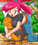  1girl asuna asuna_(pokemon) breasts gym_leader lowres pokemoa pokemon ponytail red_eyes red_hair torkoal 