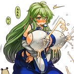  1girl bare_shoulders blue_eyes blush breasts erect_nipples female green_hair huge_breasts kochiya_sanae lactation long_hair milk_leaking_through_clothing nipples sachito saliva sweat tongue tongue_out touhou 