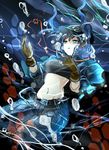  air_bubble belt blue_eyes blue_hair brown_gloves bubble denim gloves hair_bobbles hair_ornament hat jacket jeans jewelry kawashiro_nitori key midriff navel necklace open_clothes open_jacket pants shigureru solo strapless touhou tubetop two_side_up underwater 