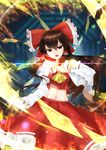  armpits ascot ba_gua bad_id bad_pixiv_id bai_yemeng bare_shoulders between_fingers bow brown_hair detached_sleeves gohei hair_bow hair_tubes hakurei_reimu highres light_particles long_hair looking_at_viewer lowleg_skirt midriff motion_blur navel ofuda open_mouth ribbon-trimmed_sleeves ribbon_trim sidelocks skirt skirt_set solo touhou trigram yellow_eyes 