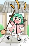  &gt;_&lt; :d animal_ears blush_stickers broom chibi closed_eyes green_hair highres holding kasodani_kyouko open_mouth outstretched_arms pleated_skirt shoes short_hair signature sketch skirt smile solo spread_arms touhou xd yuzuna99 