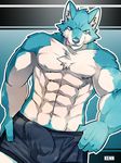  abs anthro biceps big_muscles blue_eyes blue_fur bulge canine chest_tuft fur grin kenn looking_at_viewer male mammal muscles pecs solo text tongue tongue_out tuft underwear wolf 