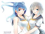  :d blue_eyes blue_hair breast_press breasts double_bun downscaled hair_ornament hair_over_one_eye hairclip hamakaze_(kantai_collection) hug kantai_collection large_breasts long_hair md5_mismatch multiple_girls no_hat no_headwear open_mouth pleated_skirt resized school_uniform serafuku short_hair short_sleeves silver_hair skirt sleeves_rolled_up smile tebi_(tbd11) urakaze_(kantai_collection) white_hair yellow_neckwear 