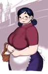  1girl basket blue_hair breasts brown_eyes fat glasses huge_breasts kjmvideo milf mole 