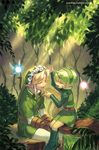  1girl bad_id bad_twitter_id belt blonde_hair boots fairy flower gloves green_footwear green_hair hat jpeg_artifacts juby link nature navi pointy_ears saria smile the_legend_of_zelda the_legend_of_zelda:_ocarina_of_time watermark web_address 