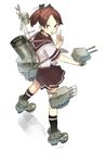  brown_eyes brown_hair cannon commentary_request from_side hair_ribbon kantai_collection nishieda ponytail ribbon school_uniform serafuku shikinami_(kantai_collection) short_hair skirt solo torpedo turret v 