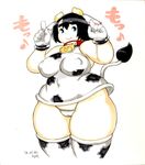  1girl aqua_eyes bell black_hair breasts collar cow_girl dated gloves horns kjmvideo large_breasts 