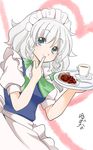  blue_eyes bow braid carrying commentary_request cup finger_to_mouth food fork hair_bow hair_ornament hair_ribbon highres izayoi_sakuya maid maid_headdress pie plate ribbon short_hair signature silver_hair sketch smile solo tea teacup touhou tray twin_braids yuzuna99 