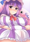 :t bangs belly_grab breasts cleavage_cutout fat groin hair_ornament hat labia large_breasts long_hair looking_down lying mob_cap mukyuu no_panties on_back patchouli_knowledge plump pout purple_eyes purple_hair solo touhou uni8 weight_conscious 