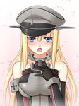  :o bismarck_(kantai_collection) blonde_hair blue_eyes blush breasts detached_sleeves gloves hanazome_dotera hand_on_own_chest hat highres iron_cross jewelry kantai_collection large_breasts long_hair looking_at_viewer md5_mismatch military military_hat military_uniform open_mouth peaked_cap ring solo uniform wedding_band 