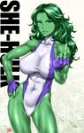  abs bare_shoulders breasts contrapposto covered_nipples fingerless_gloves gloves green_hair green_skin hand_on_hip jennifer_walters large_breasts lips long_hair marvel middle_finger muscle nose she-hulk shirt skin_tight solo st.germain-sal standing taut_clothes taut_shirt 