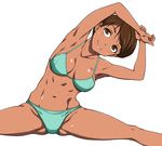  bikini breasts brown_eyes brown_hair dark_skin earrings jewelry medium_breasts puge solo split stretch super_real_mahjong swimsuit toned toono_mizuki 