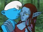  alien avatar breasts crossover drawerofdrawings duo female humanoid james_cameron&#039;s_avatar james_cameron's_avatar kissing male na&#039;vi na'vi pointy_ears smurf straight the_smurfs 