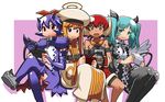  aqua_hair bad_id bad_tumblr_id belt black_legwear blue_hair brown_eyes controller crossed_legs denshi_yuugi_mokushiroku dress eleca famicom famicom_gamepad fang flat_chest game_boy game_console game_controller gamepad halo handheld_game_console hat horns long_dress long_hair looking_at_viewer matsuda_yuusuke multiple_girls orange_hair pantyhose red_hair sega_mega_drive shoes short_hair shorts sitting smile teiru_(denshi_yuugi_mokushiroku) terura tesera thighhighs twintails 