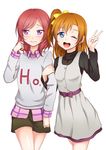  ;d arm_hug blue_eyes blush brown_hair casual clothes_writing cosplay costume_switch dress embarrassed hair_tucking highres kousaka_honoka long_sleeves looking_at_viewer looking_away love_live! love_live!_school_idol_project multiple_girls nishikino_maki one_eye_closed one_side_up open_mouth purple_eyes red_hair short_hair shorts simple_background smile sowki turtleneck v white_background 
