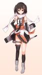  bangs brown_eyes brown_hair double-breasted elbow_gloves gloves hair_ornament highres kantai_collection mizushina_minato remodel_(kantai_collection) scarf searchlight sendai_(kantai_collection) short_hair single_thighhigh skirt smile solo thighhighs torpedo two_side_up white_scarf 