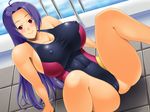  1girl blue_hair breasts idolmaster kawanuma_uotsuri large_breasts long_hair miura_azusa namco sitting smile solo swimsuit 