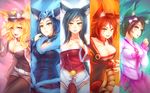  alternate_costume animal_ears big_breasts black_hair blonde_hair breasts brown_eyes cleavage clothed clothing dress female fox_ears fox_tail hair hair_ribbon hat hi_res league_of_legends long_hair multiple_tails one_eye_closed pantyhose red_hair ribbons ricegnat shorts yellow_eyes 