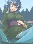  :d animal_ears aqua_eyes blue_hair bow breasts brown_hair cape fishing_rod giantess hair_bow hand_on_own_stomach head_fins highres imaizumi_kagerou japanese_clothes large_breasts long_hair mermaid monster_girl multiple_girls obi open_mouth red_hair sash sekibanki short_hair smile touhou tree utopia wakasagihime water wolf_ears 
