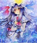  blush book bow capelet crescent double_bun dress flower glowing hair_bow hair_ornament hat hat_bow highres lips long_hair long_sleeves marker_(medium) mob_cap mosho parted_lips patchouli_knowledge purple_hair red_eyes smile solo star touhou traditional_media very_long_hair watercolor_(medium) 