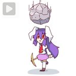  animal_ears boulder bunny_ears buttons commentary_request crossover fake_play_button gameplay_mechanics kakinoki_mikan_(kari) long_hair long_sleeves necktie pickaxe play_button purple_hair red_eyes red_neckwear reisen_udongein_inaba simple_background skirt solo terraria touhou white_background white_legwear 